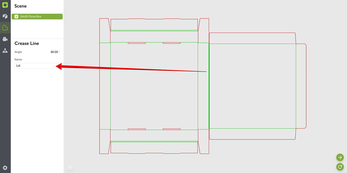 Naming a crease line in 2D dieline editor in Origami
