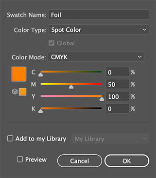 Swatch options window of spot gold color in Illustrator