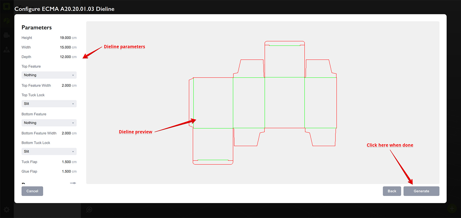 Configuring the selected dieline in Origami